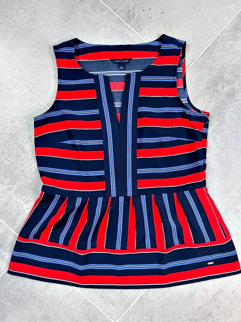 Tommy Hilfiger Striped Peplum Blue & Red Medium Blouse